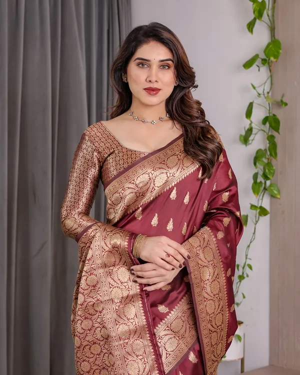 Maroon Banarasi Silk Saree With Floral Jacquard Zari Border
