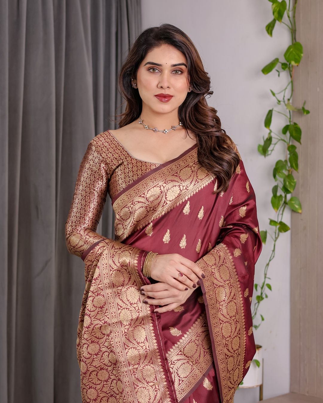 Maroon Banarasi Silk Saree With Floral Jacquard Zari Border