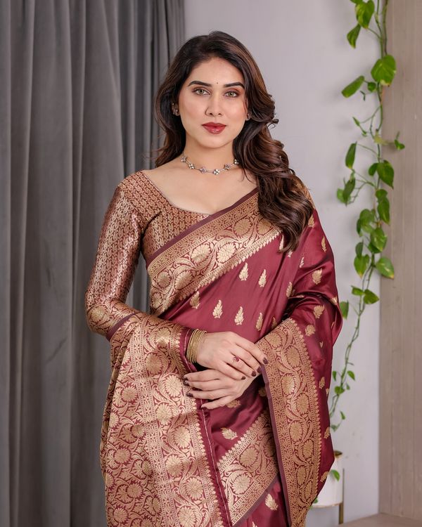Maroon Banarasi Silk Saree With Floral Jacquard Zari Border