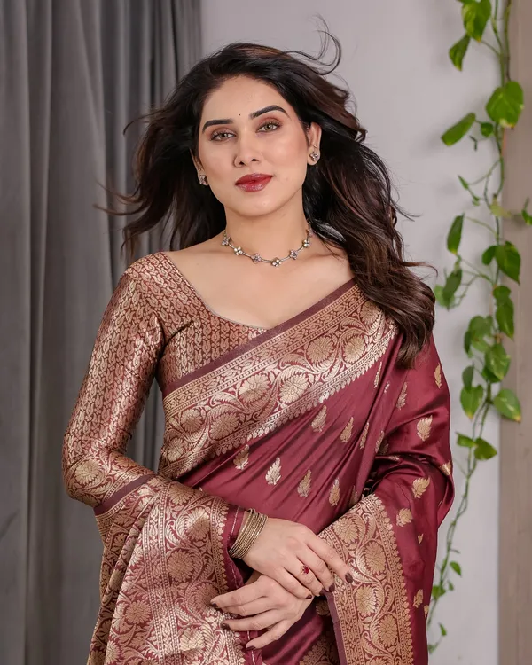 Maroon Banarasi Silk Saree With Floral Jacquard Zari Border