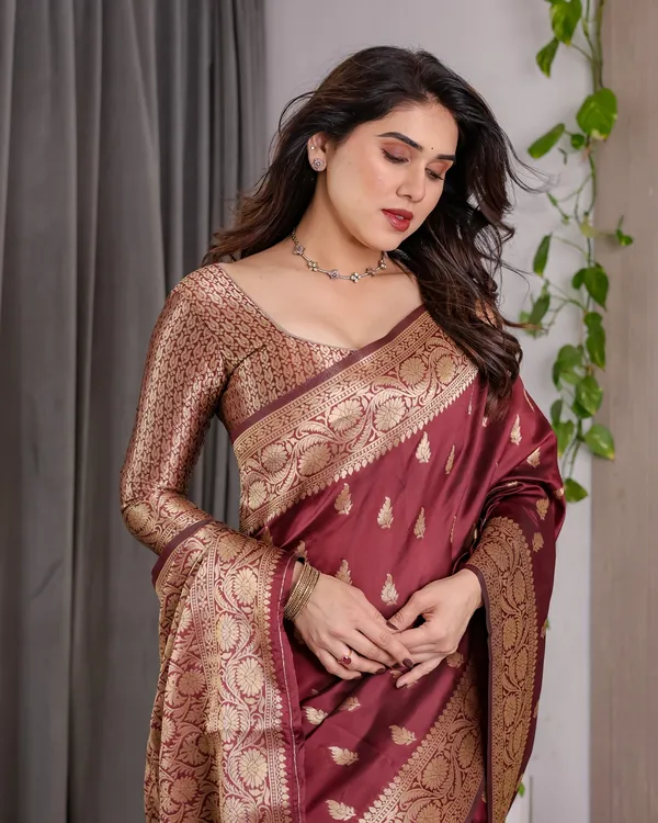 Maroon Banarasi Silk Saree With Floral Jacquard Zari Border