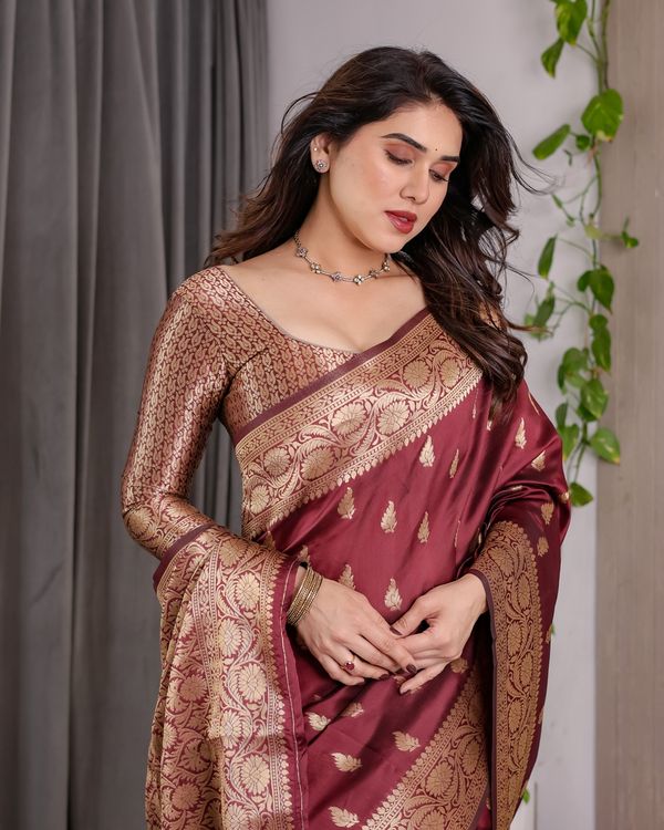Maroon Banarasi Silk Saree With Floral Jacquard Zari Border