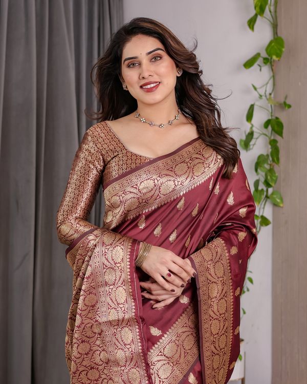 Maroon Banarasi Silk Saree With Floral Jacquard Zari Border