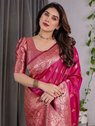 Pink Banarasi Soft Silk Saree With Rich Golden Zari Borders
