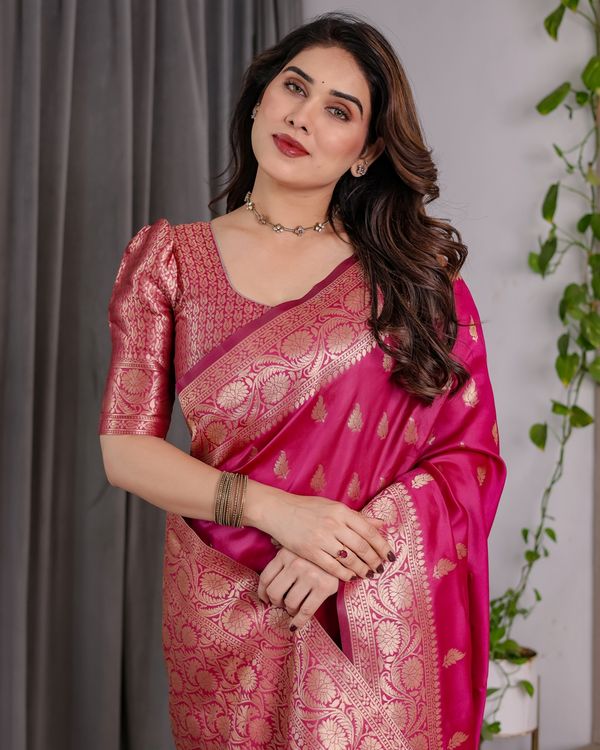 Pink Banarasi Soft Silk Saree With Rich Golden Zari Borders