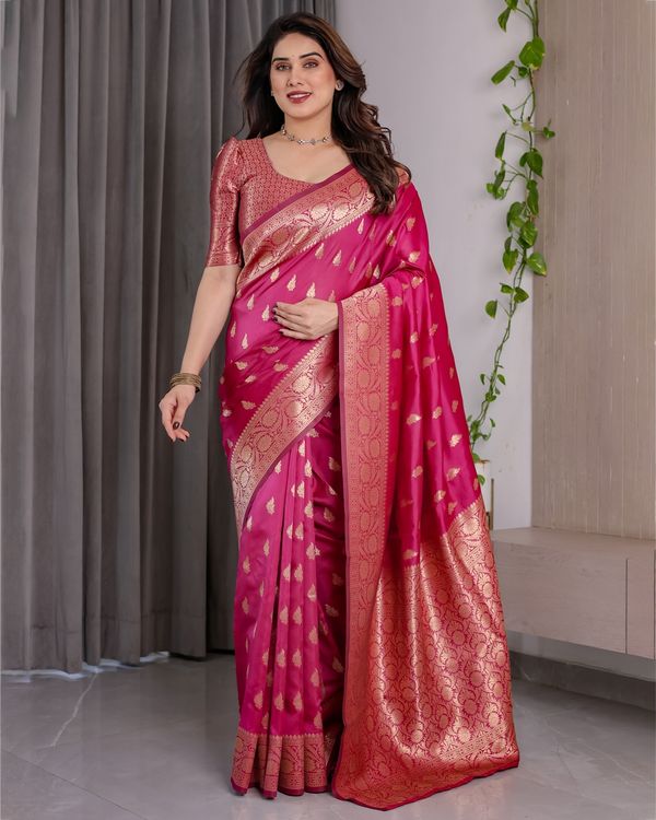 Pink Banarasi Soft Silk Saree With Rich Golden Zari Borders