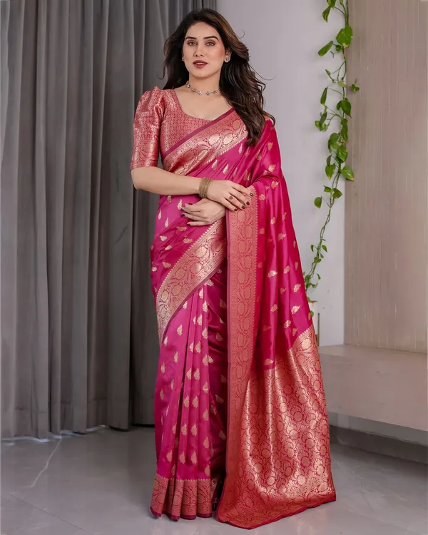 Pink Banarasi Soft Silk Saree With Rich Golden Zari Borders