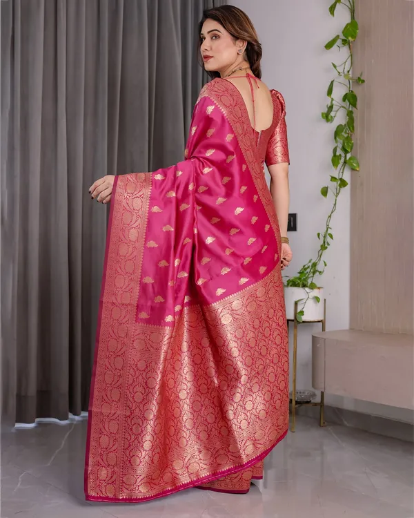 Pink Banarasi Soft Silk Saree With Rich Golden Zari Borders