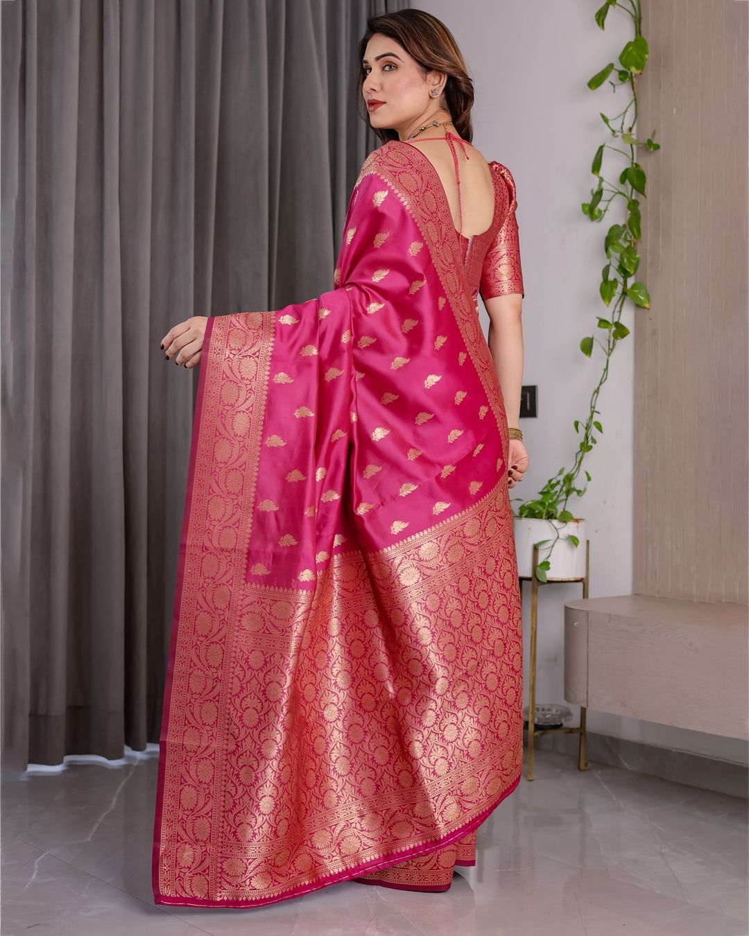 Pink Banarasi Soft Silk Saree With Rich Golden Zari Borders