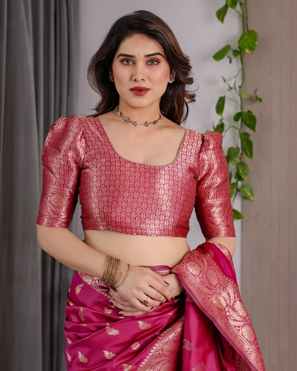 Pink Banarasi Soft Silk Saree With Rich Golden Zari Borders