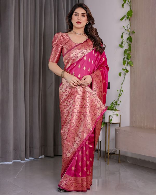 Pink Banarasi Soft Silk Saree With Rich Golden Zari Borders