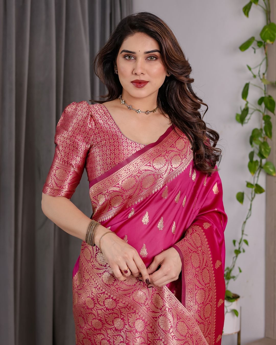 Pink Banarasi Soft Silk Saree With Rich Golden Zari Borders