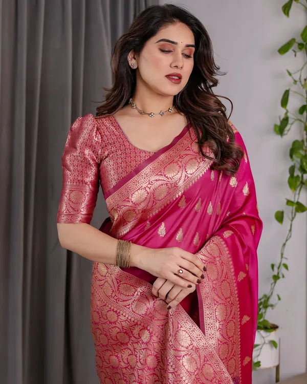 Pink Banarasi Soft Silk Saree With Rich Golden Zari Borders
