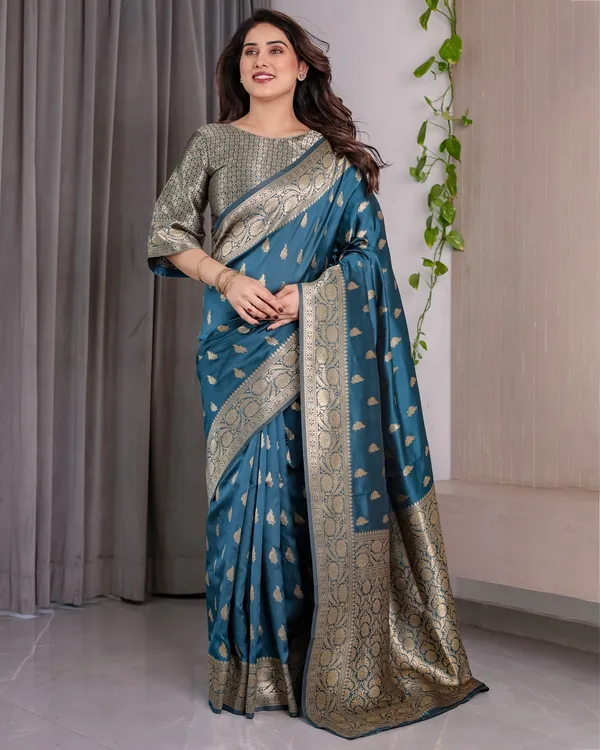 Teal Blue Banarasi Soft Silk Saree With Golden Zari Borders