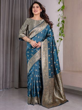 Teal Blue Banarasi Soft Silk Saree With Golden Zari Borders