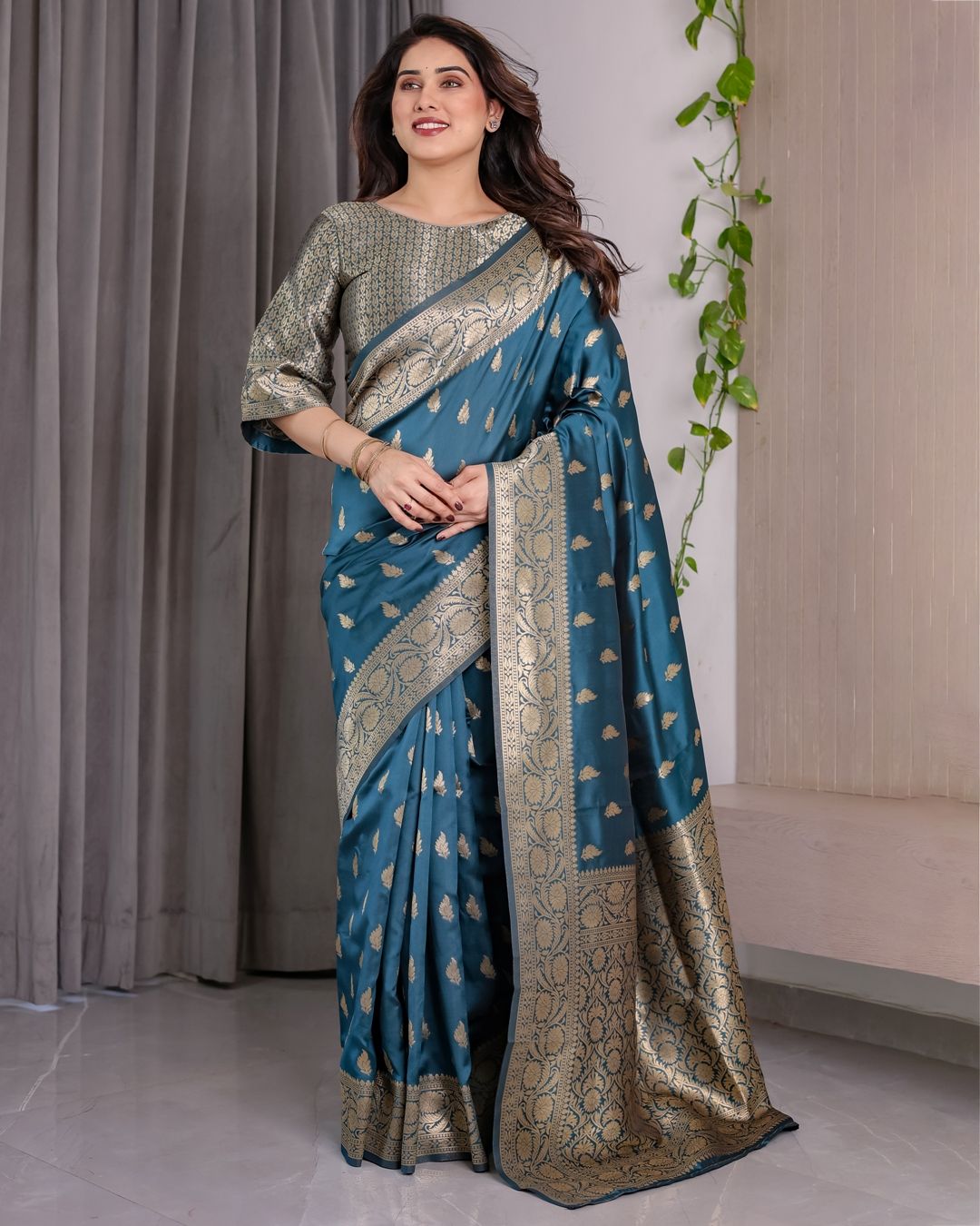 Teal Blue Banarasi Soft Silk Saree With Golden Zari Borders