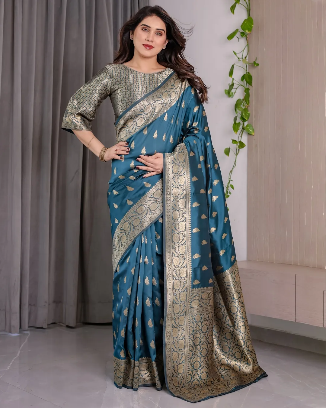 Teal Blue Banarasi Soft Silk Saree With Golden Zari Borders