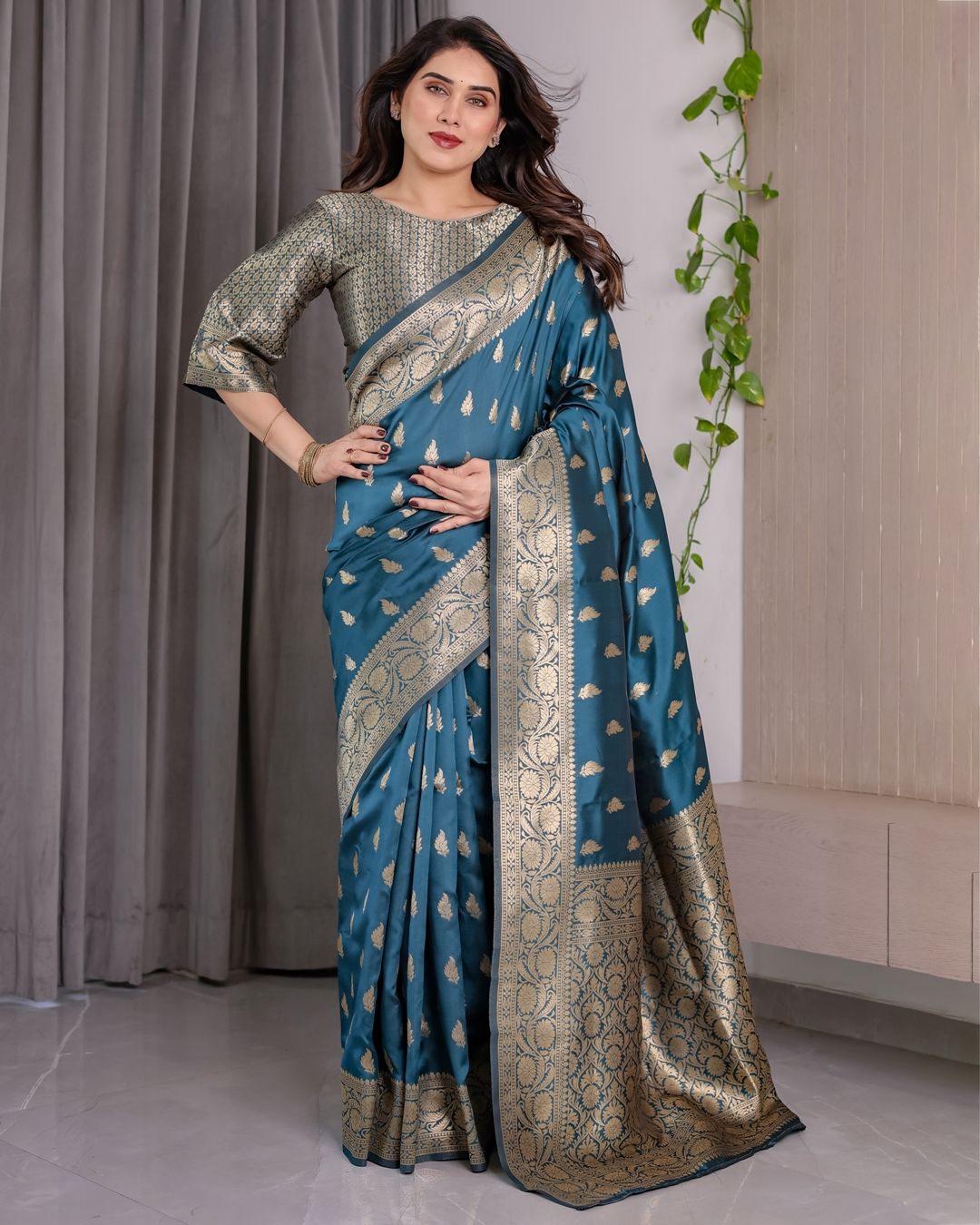 Teal Blue Banarasi Soft Silk Saree With Golden Zari Borders