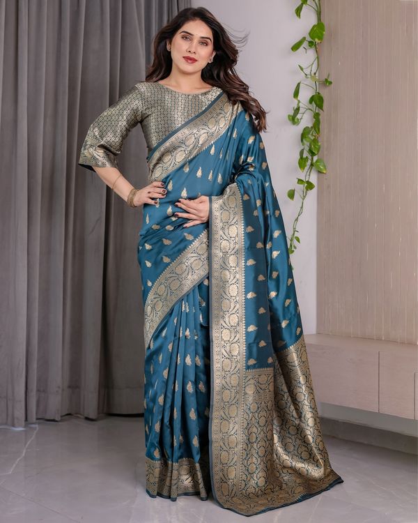 Teal Blue Banarasi Soft Silk Saree With Golden Zari Borders