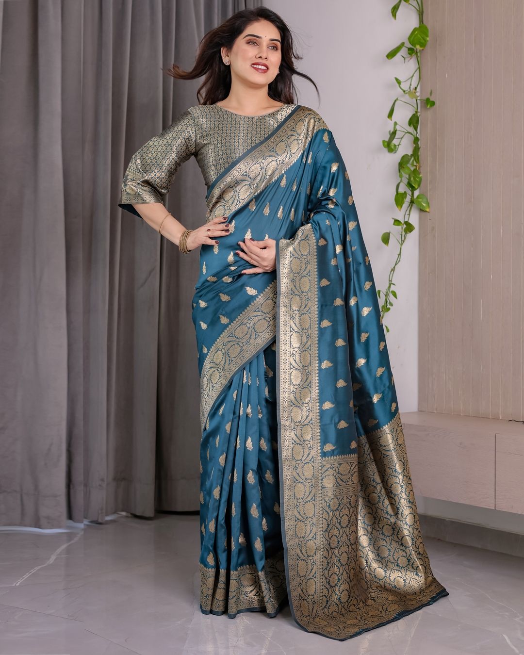 Teal Blue Banarasi Soft Silk Saree With Golden Zari Borders