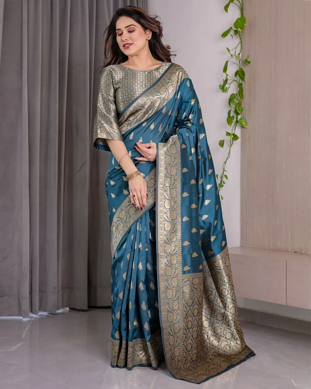 Teal Blue Banarasi Soft Silk Saree With Golden Zari Borders