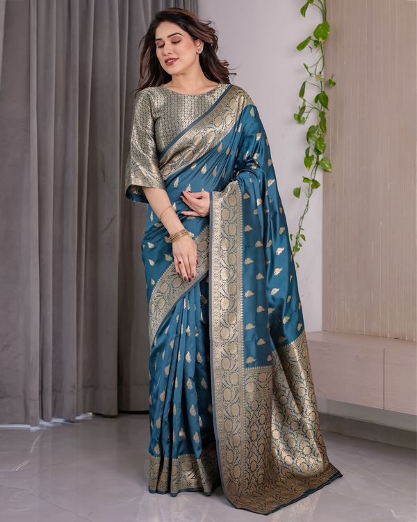 Teal Blue Banarasi Soft Silk Saree With Golden Zari Borders