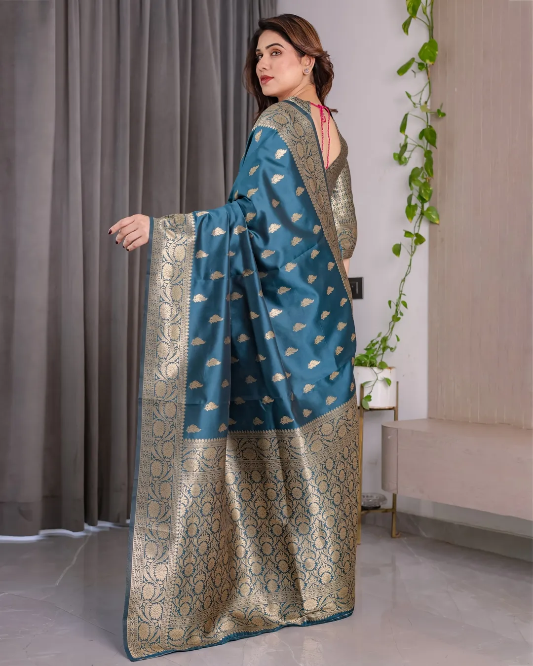 Teal Blue Banarasi Soft Silk Saree With Golden Zari Borders