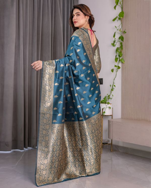 Teal Blue Banarasi Soft Silk Saree With Golden Zari Borders