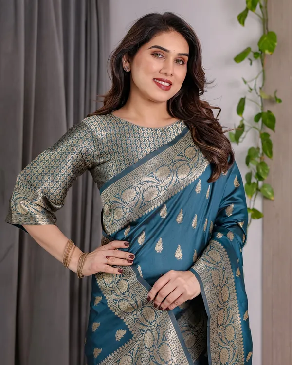 Teal Blue Banarasi Soft Silk Saree With Golden Zari Borders