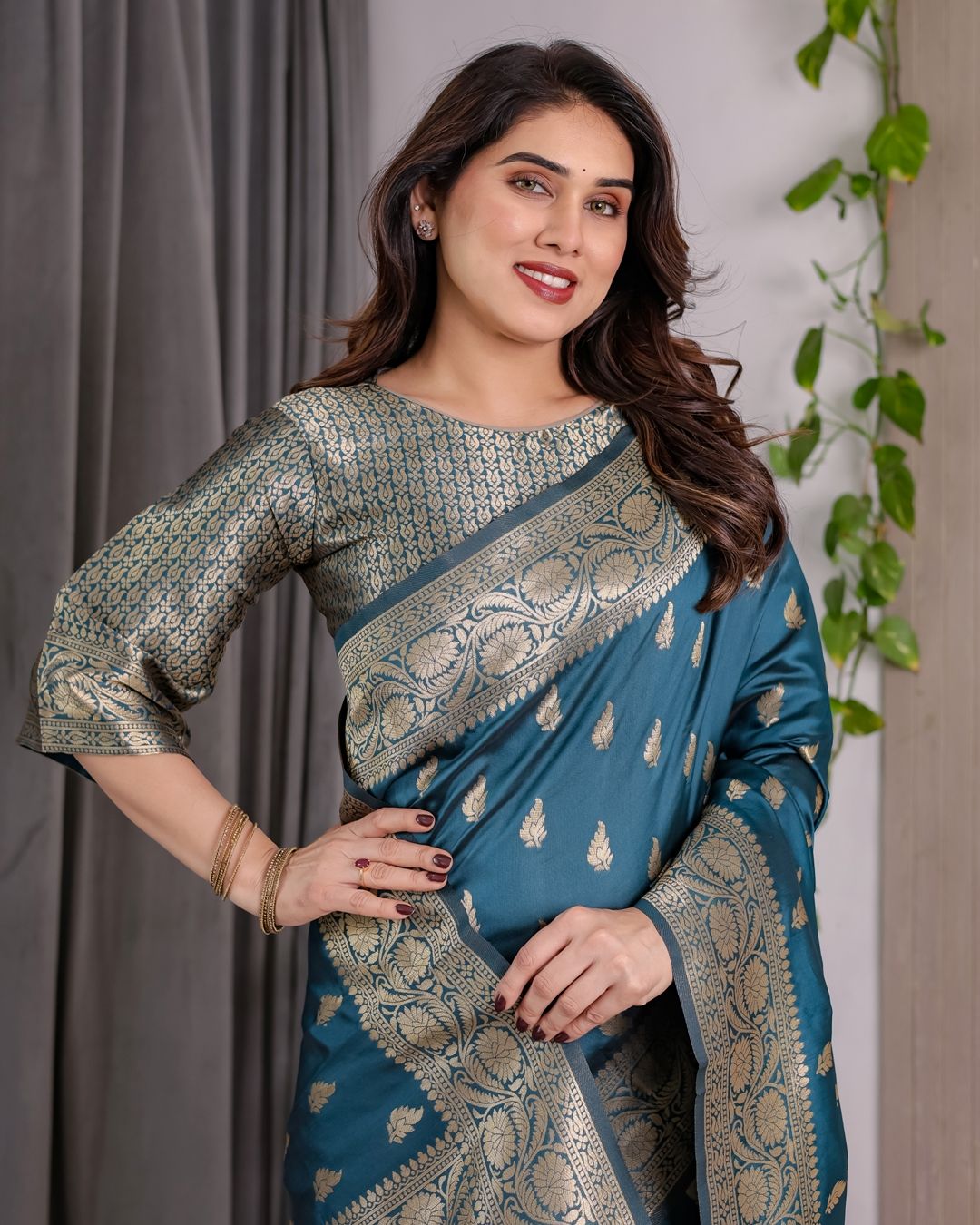Teal Blue Banarasi Soft Silk Saree With Golden Zari Borders