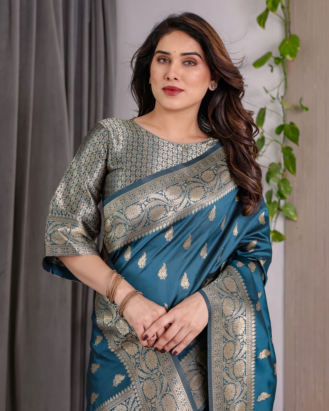 Teal Blue Banarasi Soft Silk Saree With Golden Zari Borders