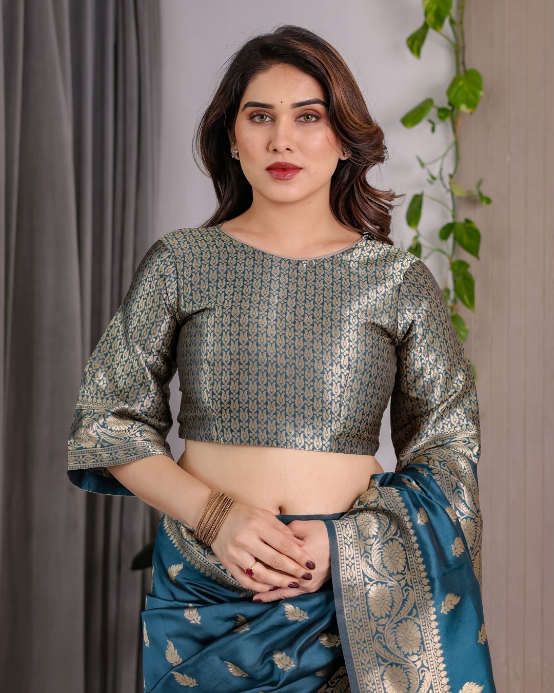 Teal Blue Banarasi Soft Silk Saree With Golden Zari Borders