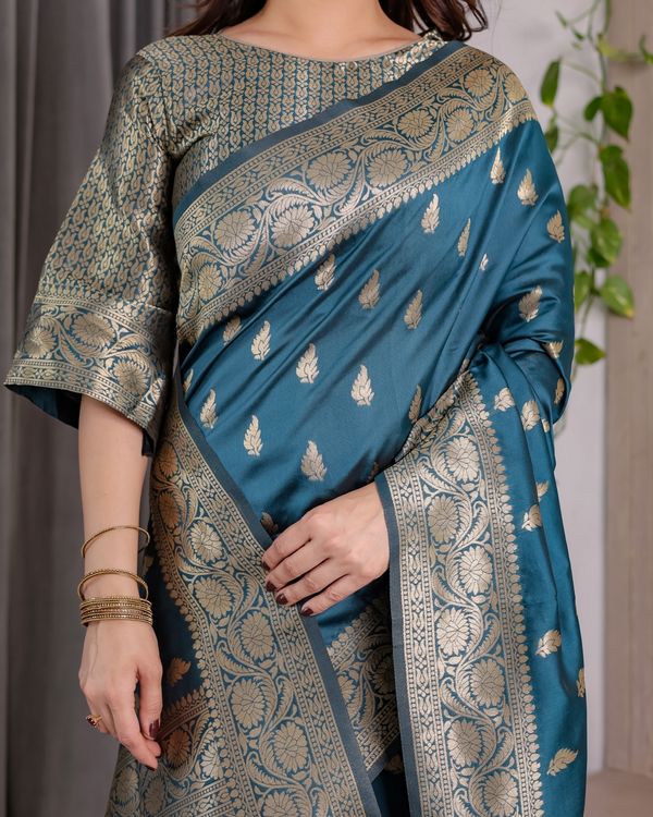 Teal Blue Banarasi Soft Silk Saree With Golden Zari Borders