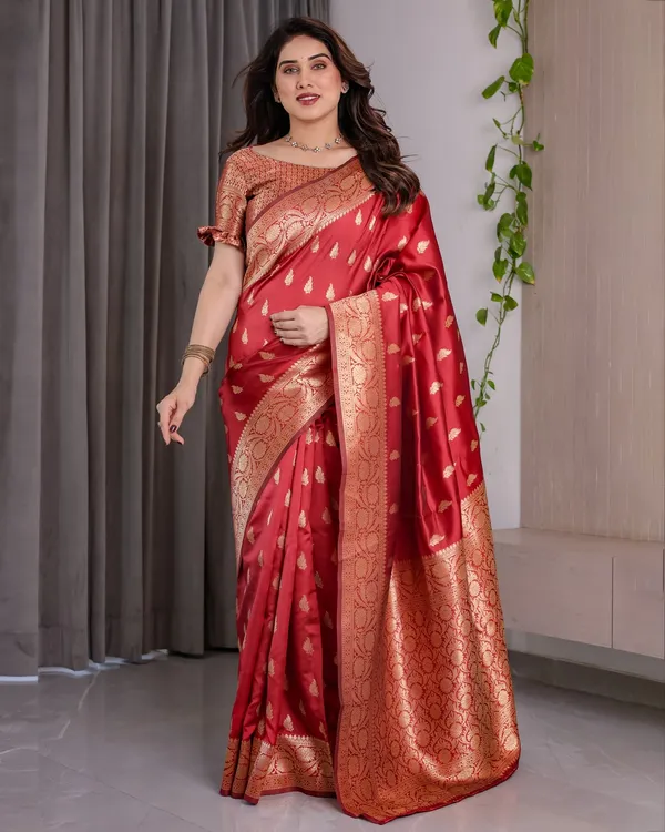 Red Banarasi Soft Silk Saree With Golden Zari Floral Border