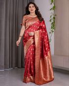 Red Banarasi Soft Silk Saree With Golden Zari Floral Border - Red, Rust, Coral, Copper, Salmon, Tomato Red, Bronze
