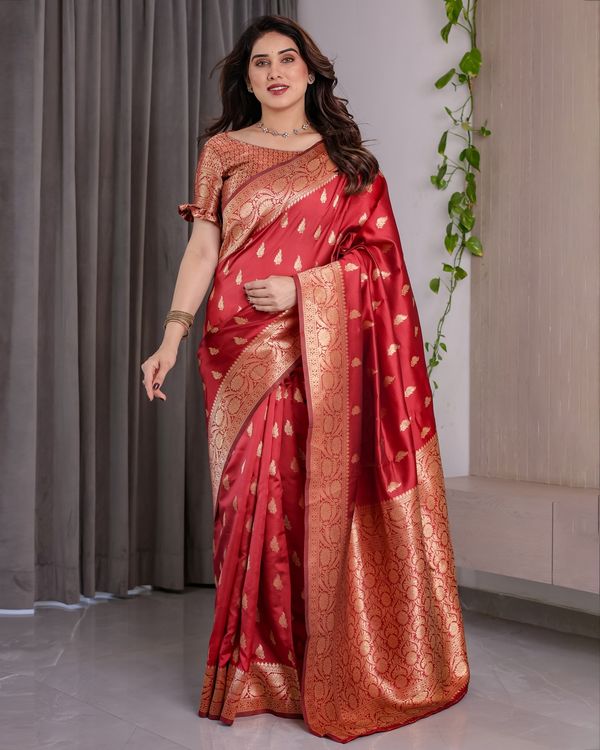Red Banarasi Soft Silk Saree With Golden Zari Floral Border