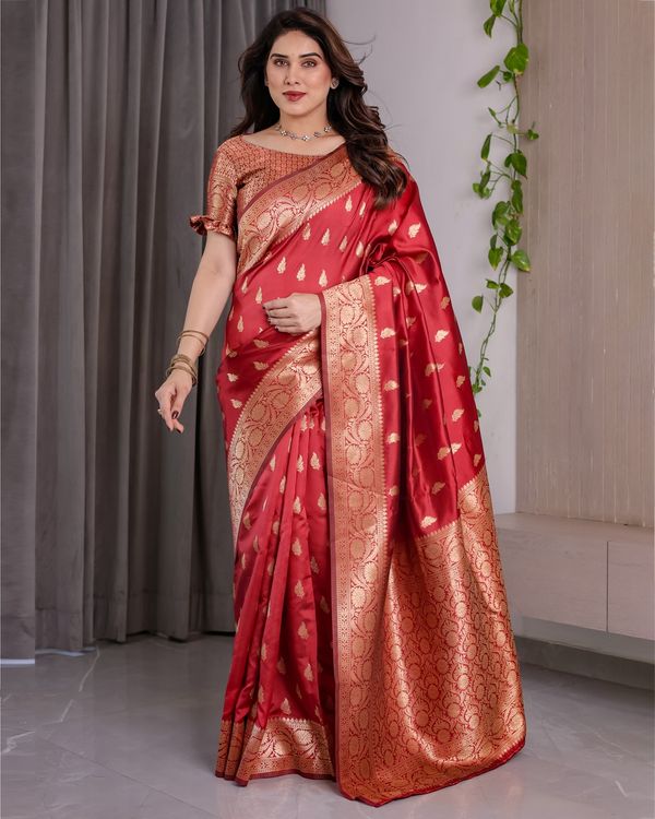 Red Banarasi Soft Silk Saree With Golden Zari Floral Border