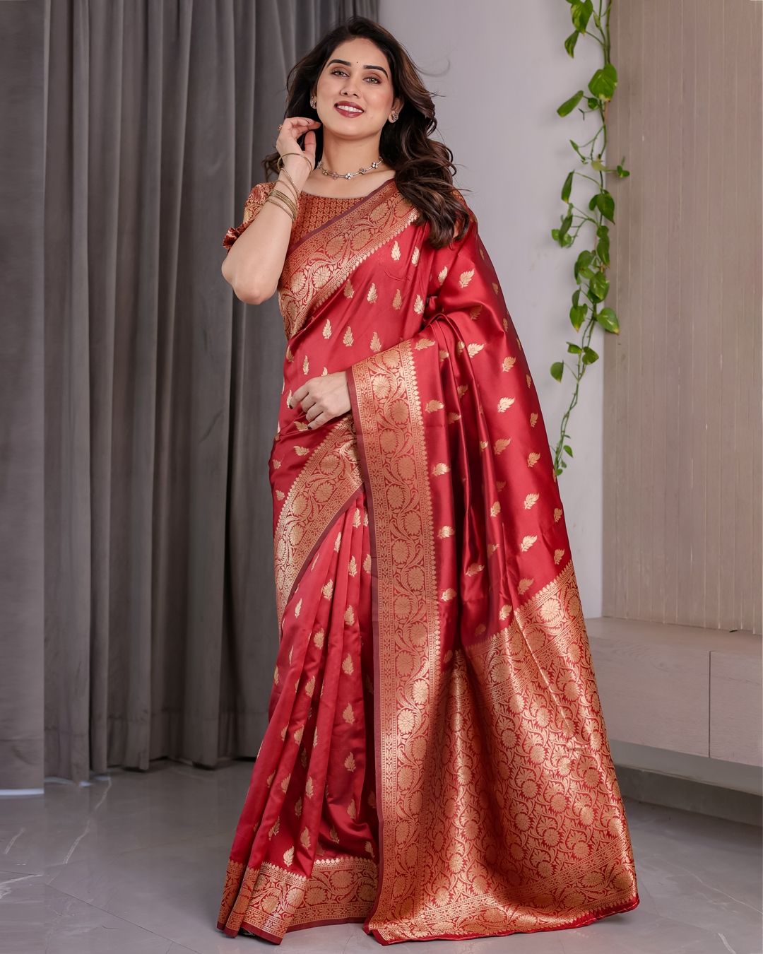 Red Banarasi Soft Silk Saree With Golden Zari Floral Border