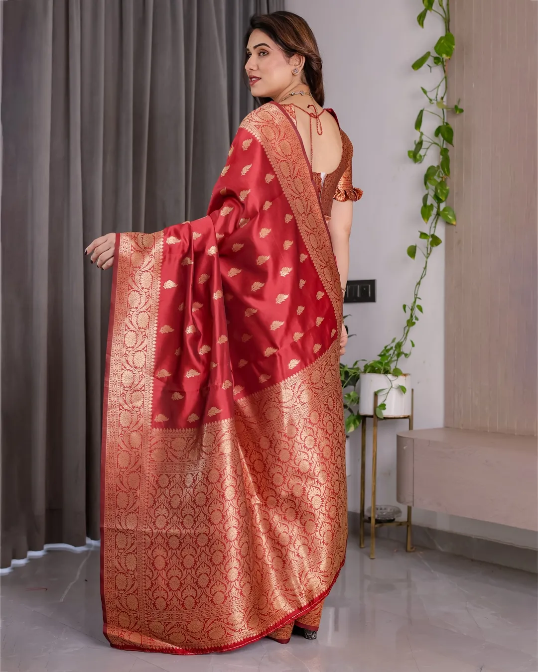 Red Banarasi Soft Silk Saree With Golden Zari Floral Border