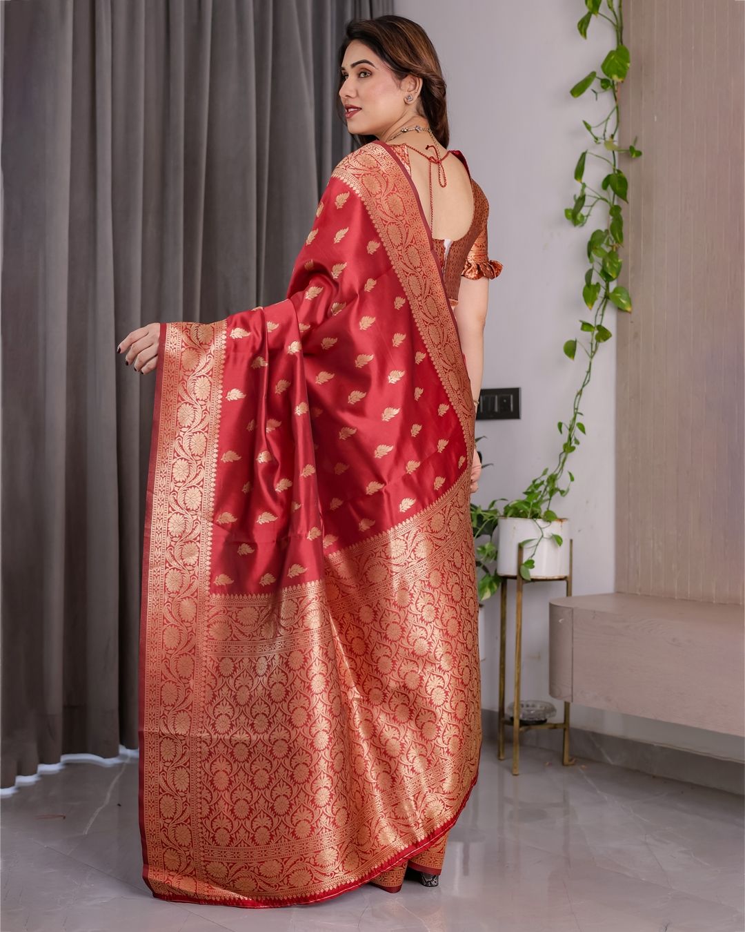 Red Banarasi Soft Silk Saree With Golden Zari Floral Border