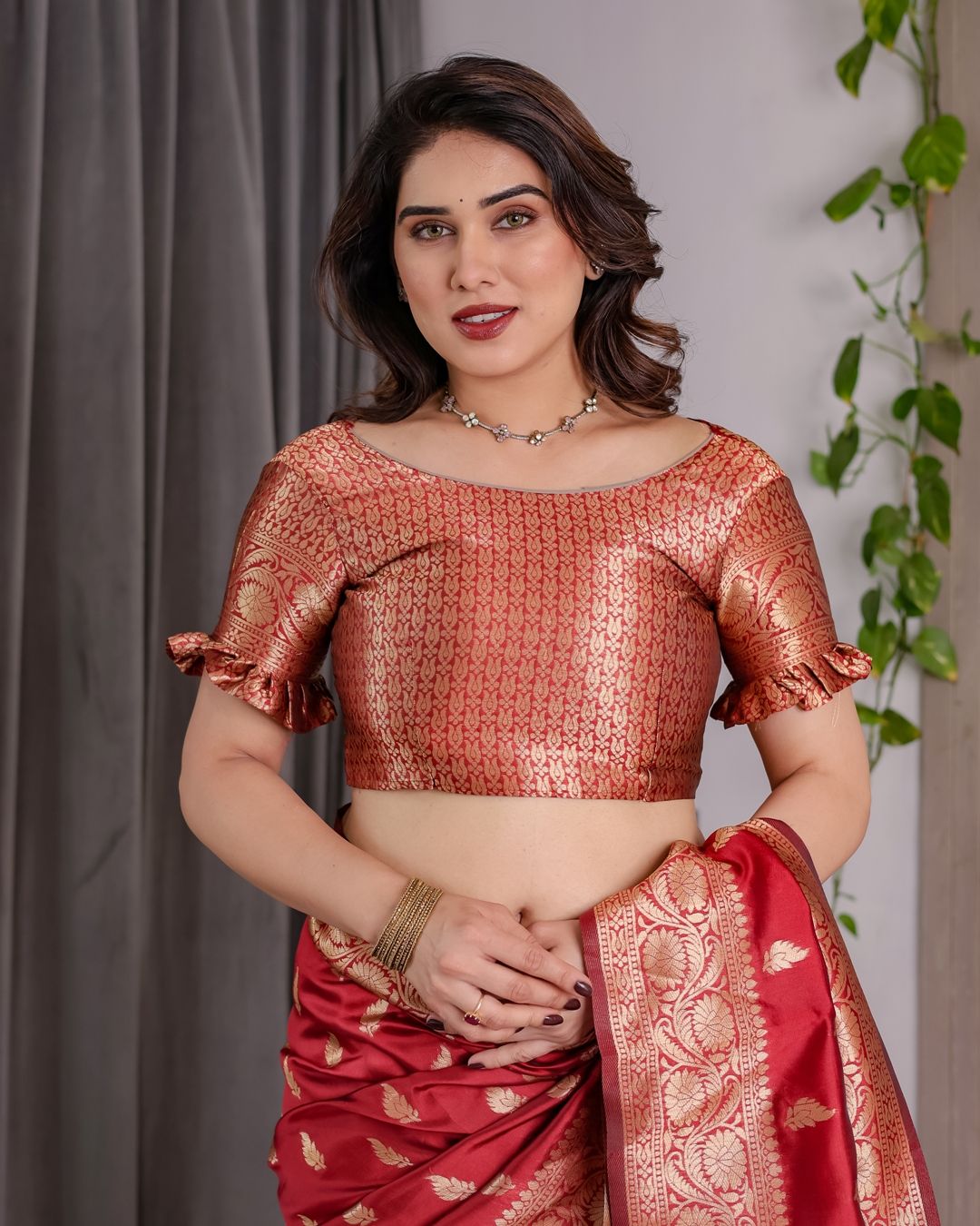 Red Banarasi Soft Silk Saree With Golden Zari Floral Border
