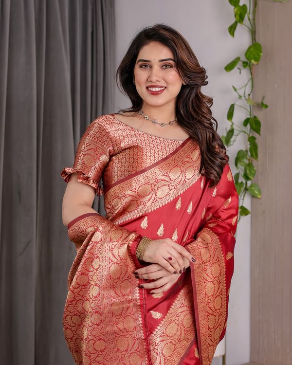 Red Banarasi Soft Silk Saree With Golden Zari Floral Border