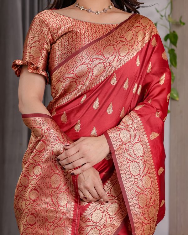 Red Banarasi Soft Silk Saree With Golden Zari Floral Border