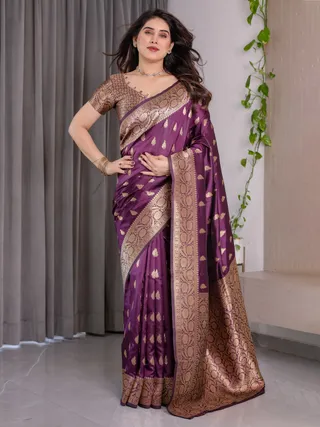 Purple Banarasi Soft Silk Saree with Golden Zari Border