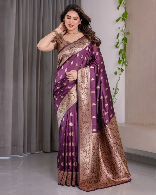 Purple Banarasi Soft Silk Saree With Golden Zari Border