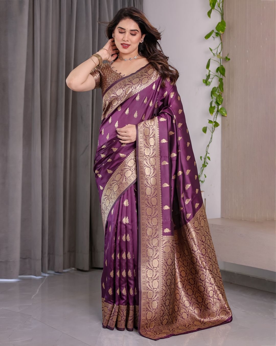 Purple Banarasi Soft Silk Saree With Golden Zari Border