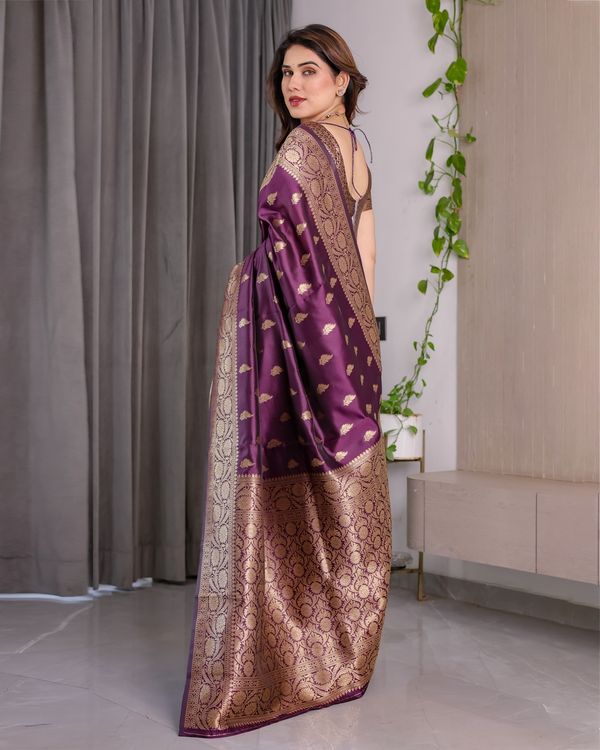 Purple Banarasi Soft Silk Saree With Golden Zari Border