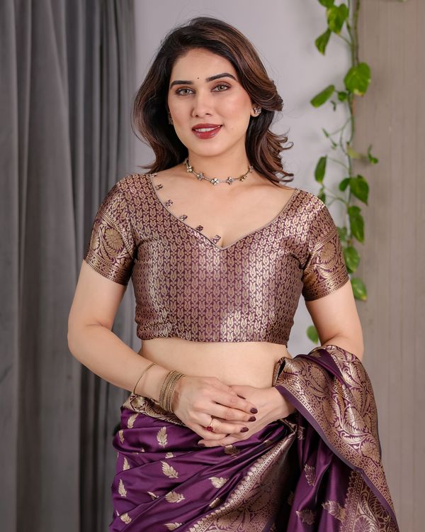 Purple Banarasi Soft Silk Saree With Golden Zari Border