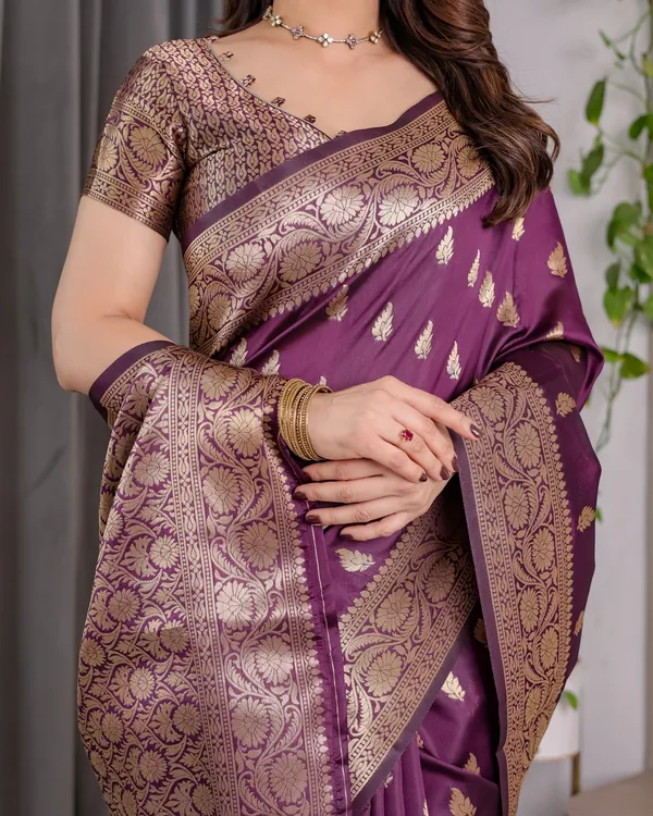 Purple Banarasi Soft Silk Saree With Golden Zari Border