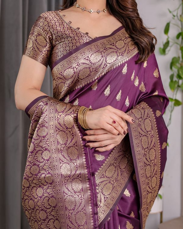 Purple Banarasi Soft Silk Saree With Golden Zari Border